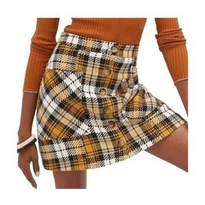 Maeve Anthropologie Clueless Mini Skirt Yellow Black White Tartan‎ Plaid Knit Sz